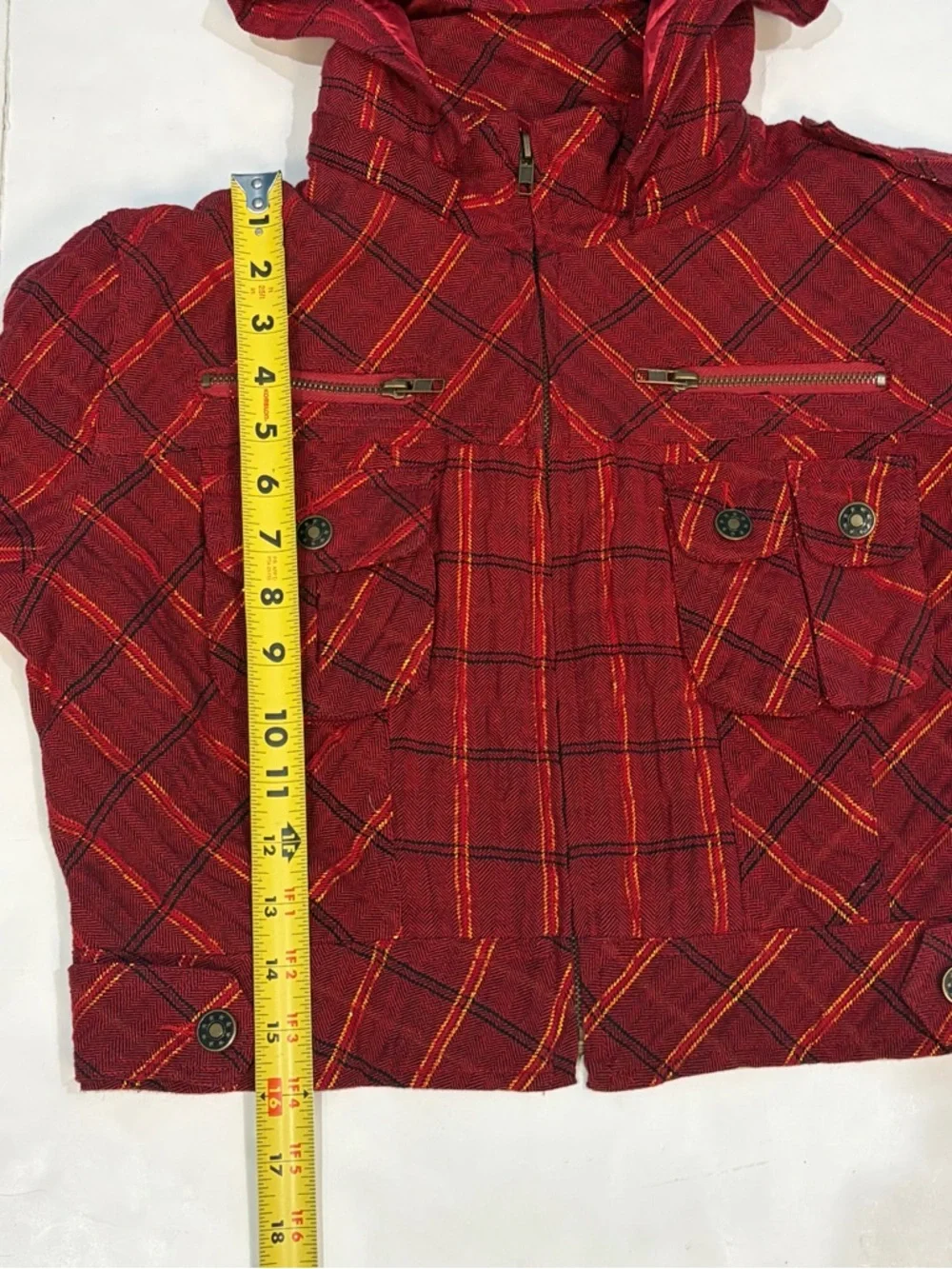 Feline Red Gold Plaid Cropped Full Zip Jacket Detachable Hood Junior Size Large - Picture 16 of 16